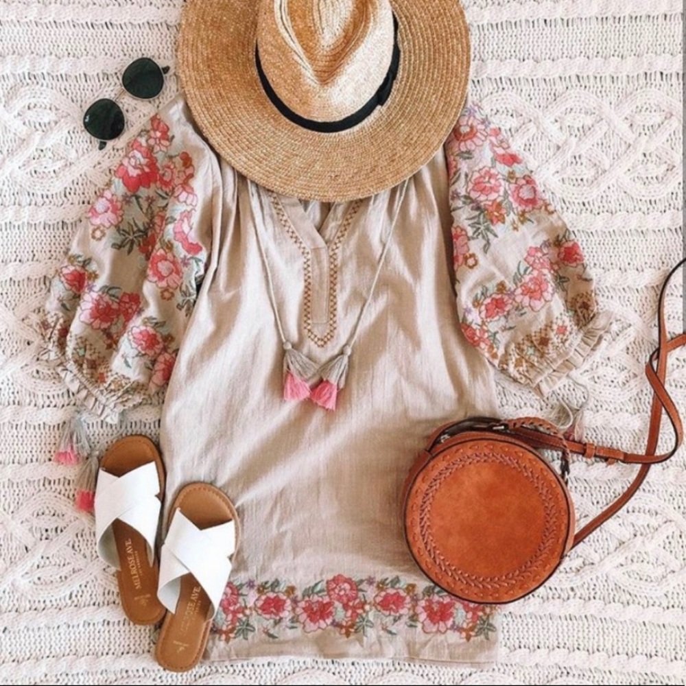 New Embroidered Boho Gypsy Tassel Tunic Mini Dress - Picture 3 of 6